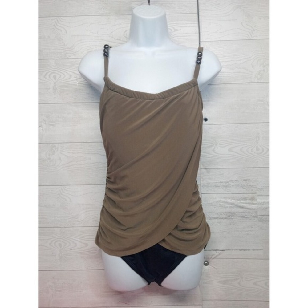 Venus One Piece Slimming Draped Swimsuit Mocha And Black Bead Strap Accent Sz 12